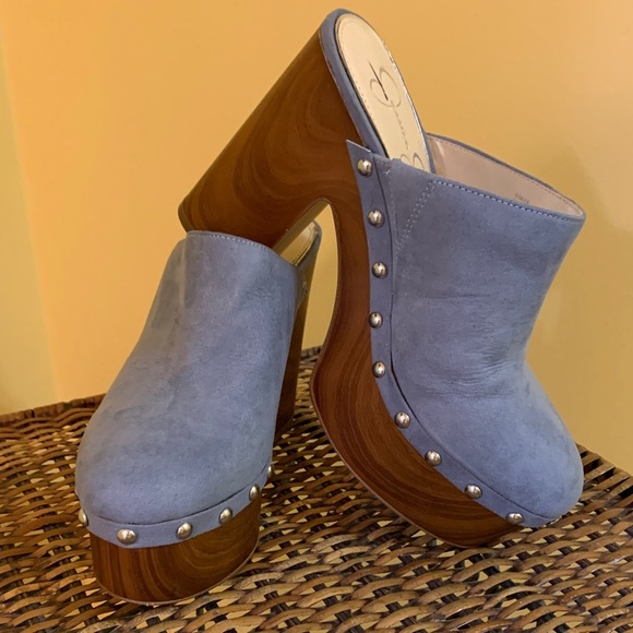 Jessica Simpson Dalia Powder Blue Suede Clogs with Silver Studds. - Picture 1 of 14